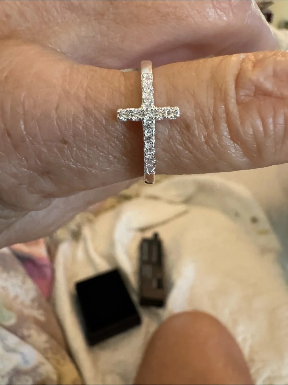 Sterling-Style White Gold Plated Cross Ring with CZ Accents
